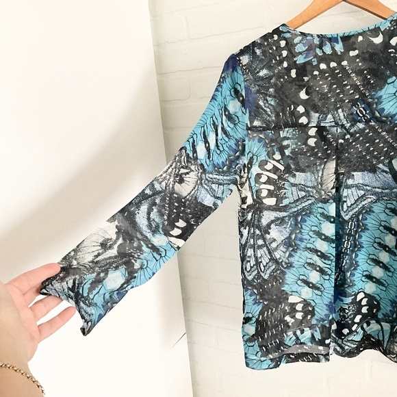 Marciano Blouse Silk Fairy Butterfly print Abstract Sheer Blue Black XS - Picture 11 of 13